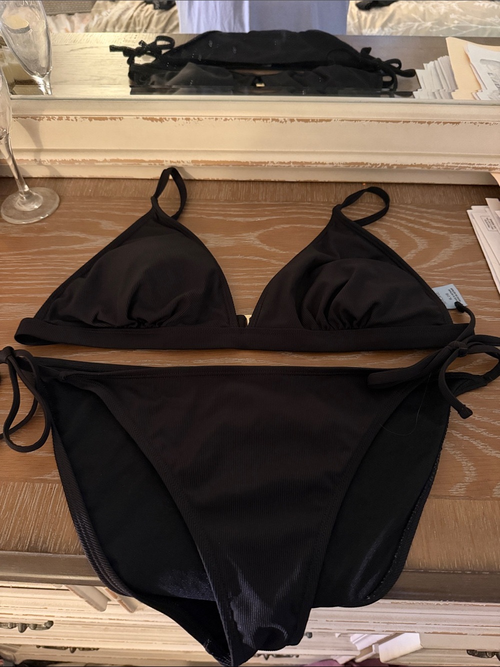 Shade & Shore Black Ribbed Triangle Bikini Set